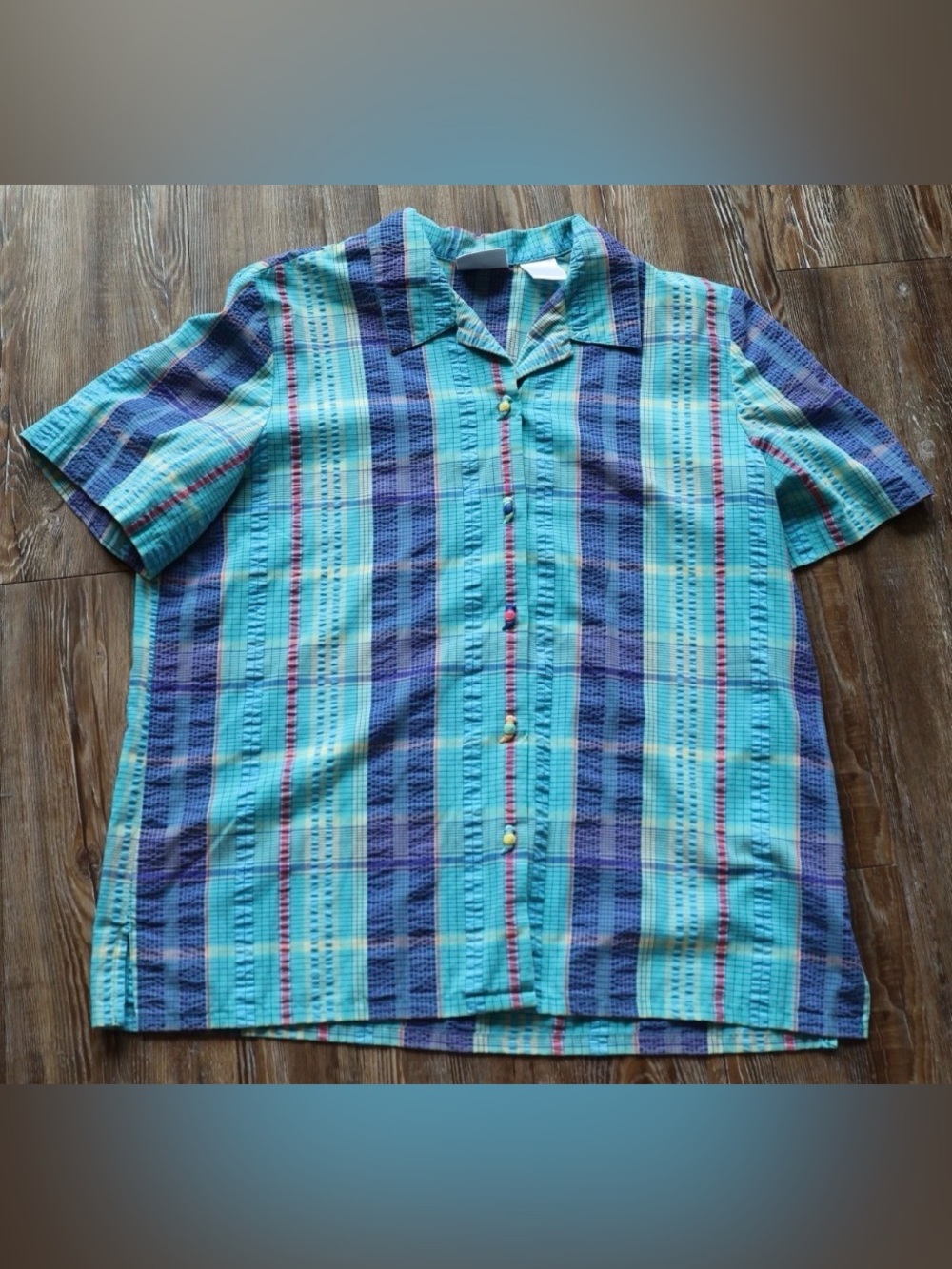 Vintage Novelty Parrot Button Aqua Plaid Seersucker Shirt Granny Womens Large